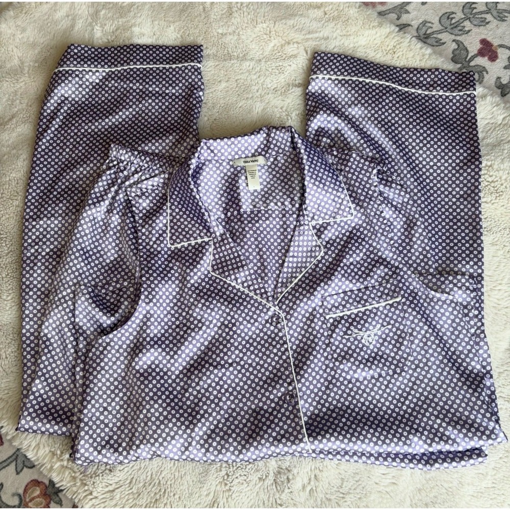 Vera Wang Womens Bow Purple Polka Dot Satin Pajama Set 2 Pc Size L Sleeveless